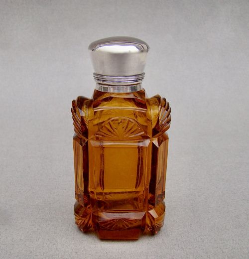 Rare Early Victorian Silver Mounted Amber Glass Scent Bottle, Circa 1860