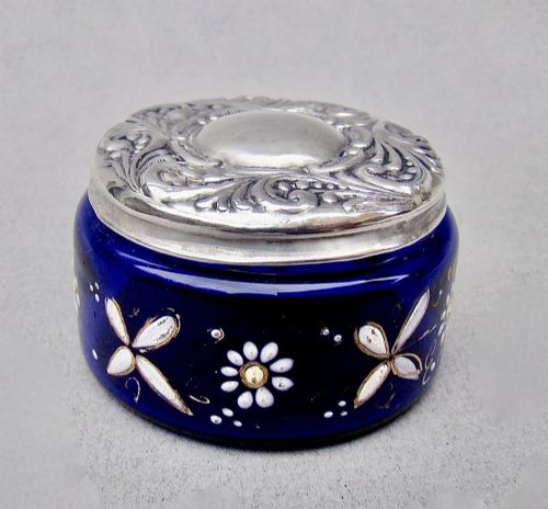 Delightful Edwardian Silver & Enamelled Glass Small Dressing Table Jar, Circa 1900