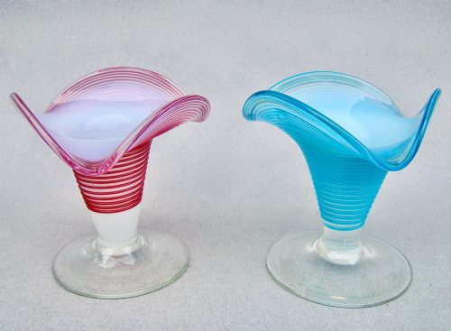 Unusual Pair of Victorian Opaline Trailed Glass Candlesticks, Circa 1890