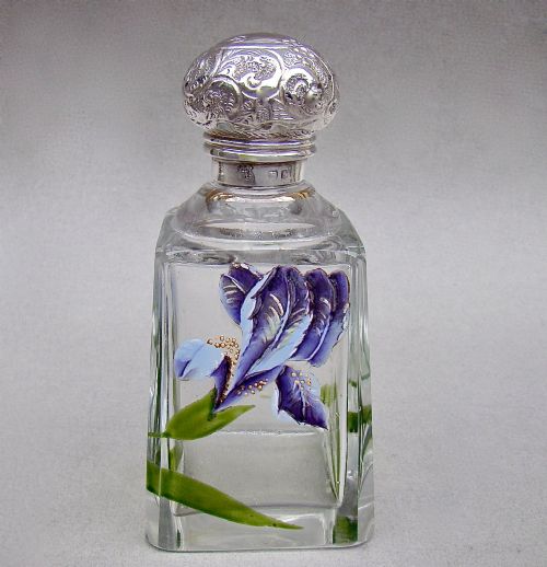 Art Nouveau Silver Mounted Enamelled Glass Scent Bottle by Worral & Son, Birmingham 1906