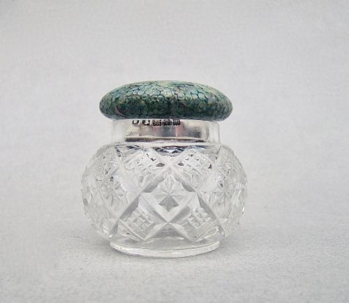 Unusual Art Deco Silver Mounted Shagreen Cut Glass Rouge Pot,london 1927