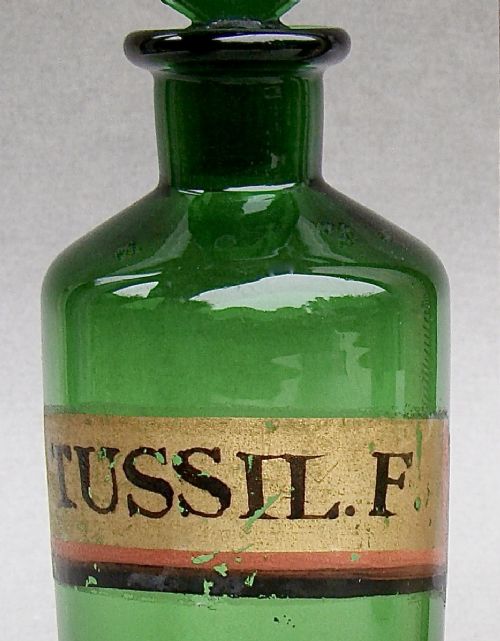 A pair of late Victorian cylindrical Bristol green glass apothecary bottles with ground stoppers and gilt-painted labels. View VII