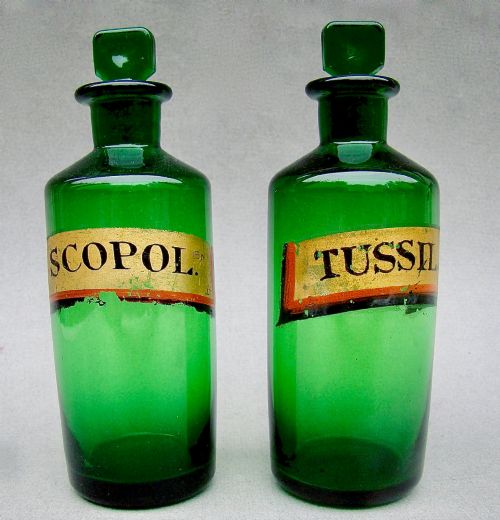 Rare Pair of Victorian Bristol Green Small Apothecary Bottles, Circa 1890