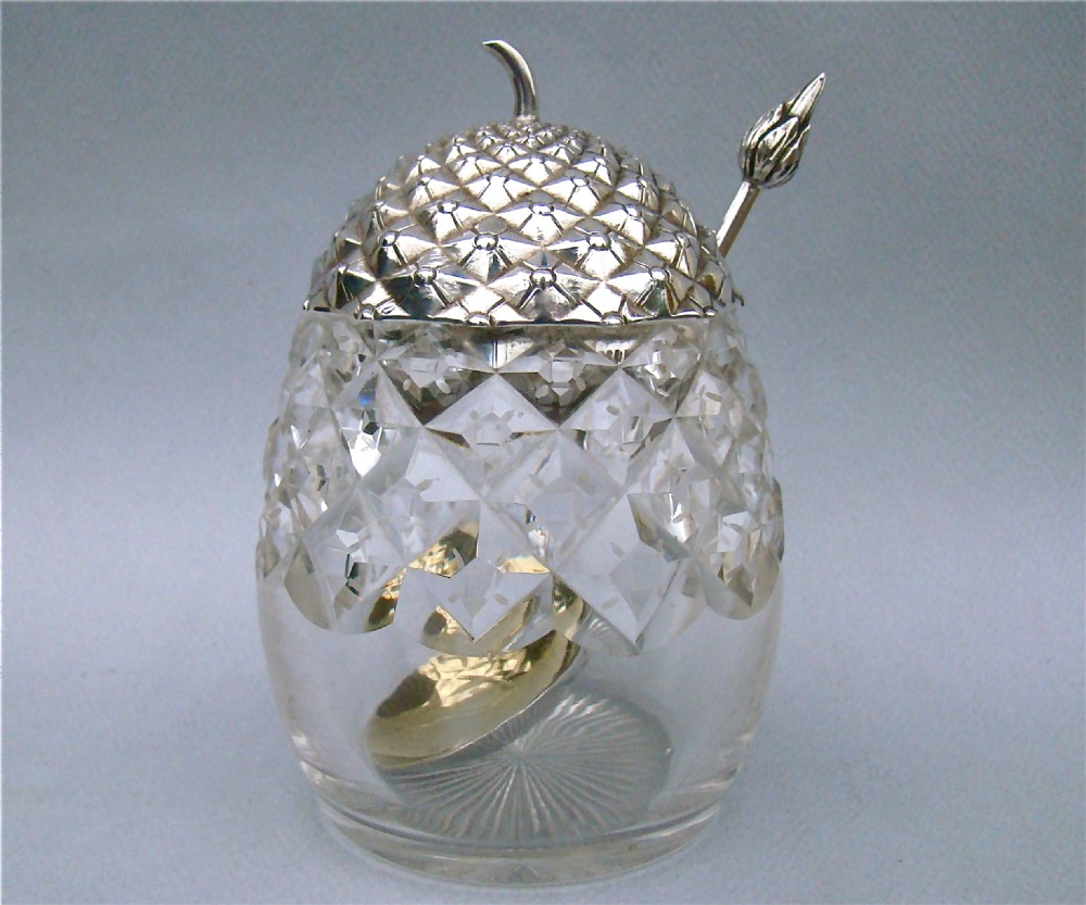VICTORIAN SILVER & CUT GLASS PINEAPPLE PRESERVE JAR WITH MATCHING SPOON BY HENRY WILKINSON, SHEFFIELD 1900