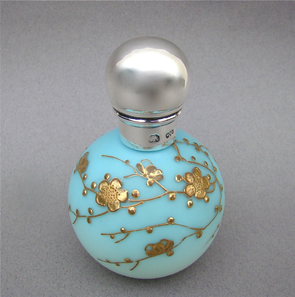VICTORIAN SILVER & OPALINE GLASS SCENT BOTTLE WITH GILT ENAMEL DECORATIONS BY WILLIAM HARRISON WALTER, LONDON 1885