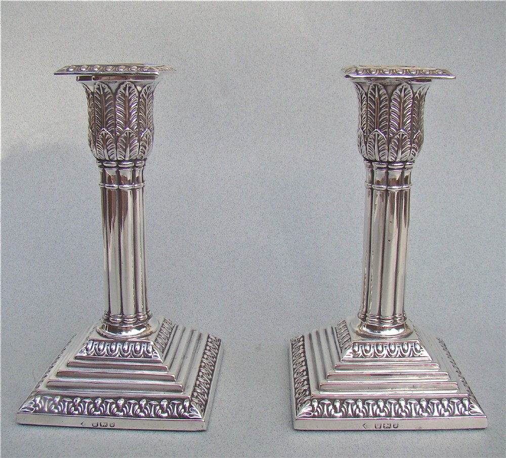 PAIR OF VICTORIAN STERLING SILVER CORINTHIAN COLUMN CANDLESTICKS BY MARTIN HALL, SHEFFIELD 1897