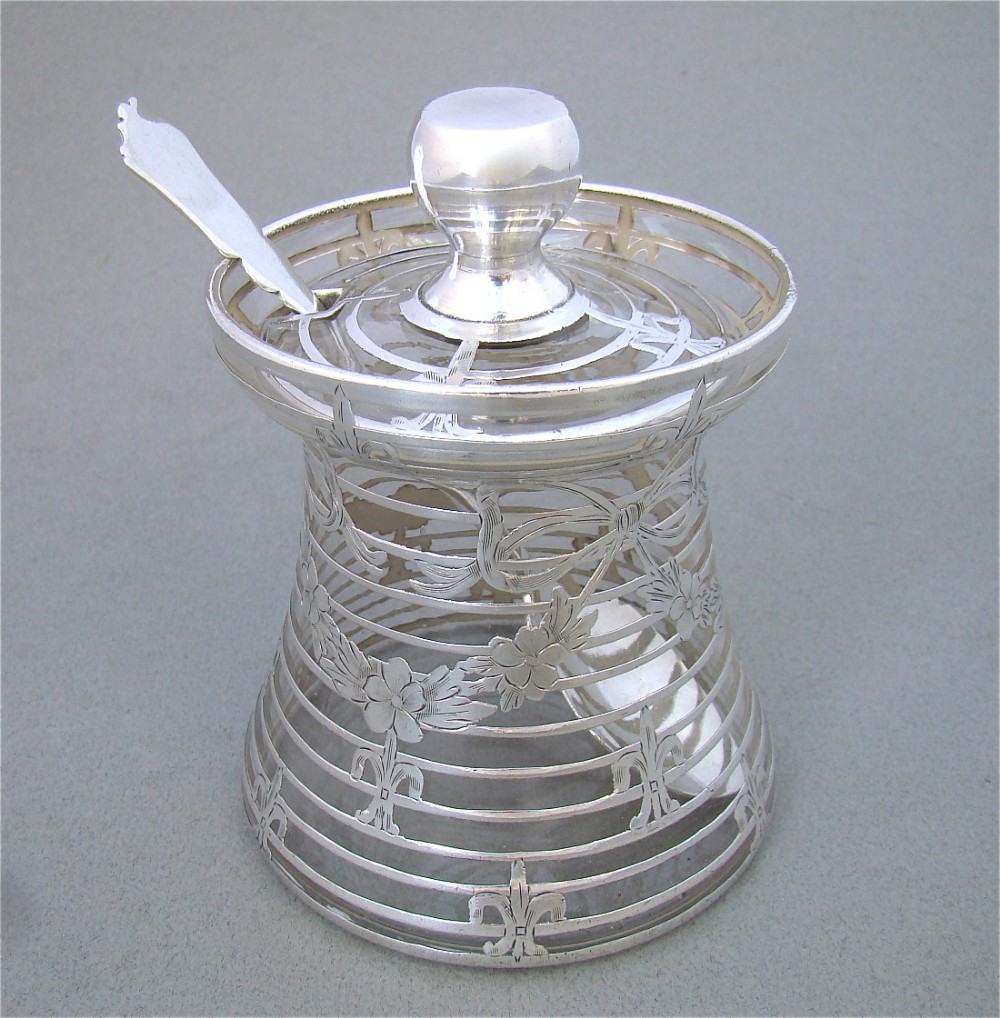 EDWARDIAN OVERLAY SILVER & GLASS HONEY POT OR PRESERVE JAR,  CIRCA 1900