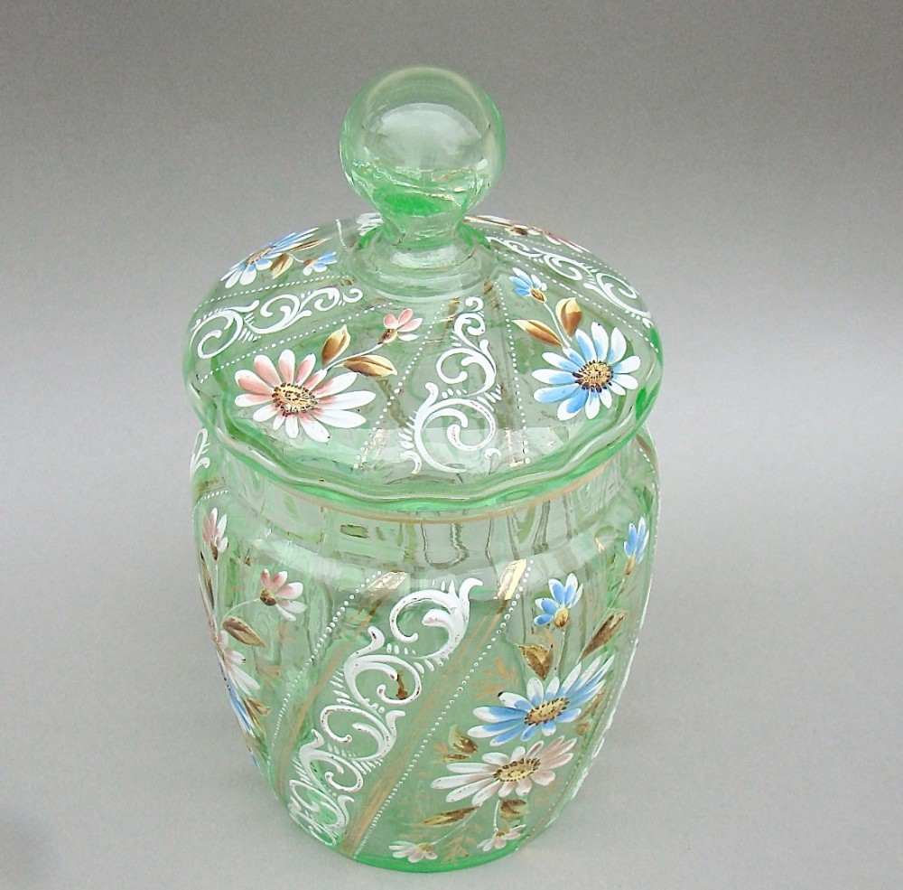 VICTORIAN URANIUM ENAMELLED GLASS BISCUIT BARREL, CIRCA 1890