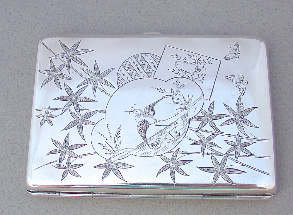 VICTORIAN SILVER AESTHETIC MOVEMENT CARD CASE & AIDE MEMOIRE BY STOKES & IRELAND, BIRMINGHAM 1885