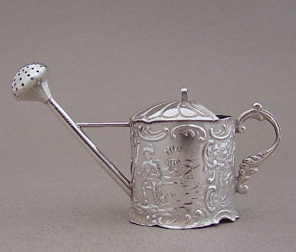 19TH C DUTCH SILVER MINIATURE WATERING CAN, IMPORT MARKS FOR LONDoN 1898