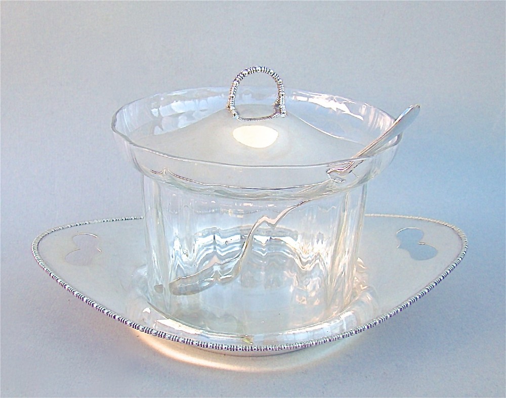 EDWARDIAN SILVER MOUNTED PRESERVE JAR AND STAND BY JAMES DIXON & SONS, SHEFFIELD 1906