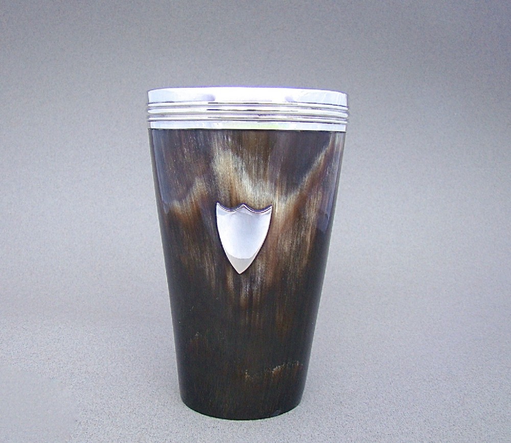 MID VICTORIAN SILVER MOUNTED HORN BEAKER, LONDON 1857