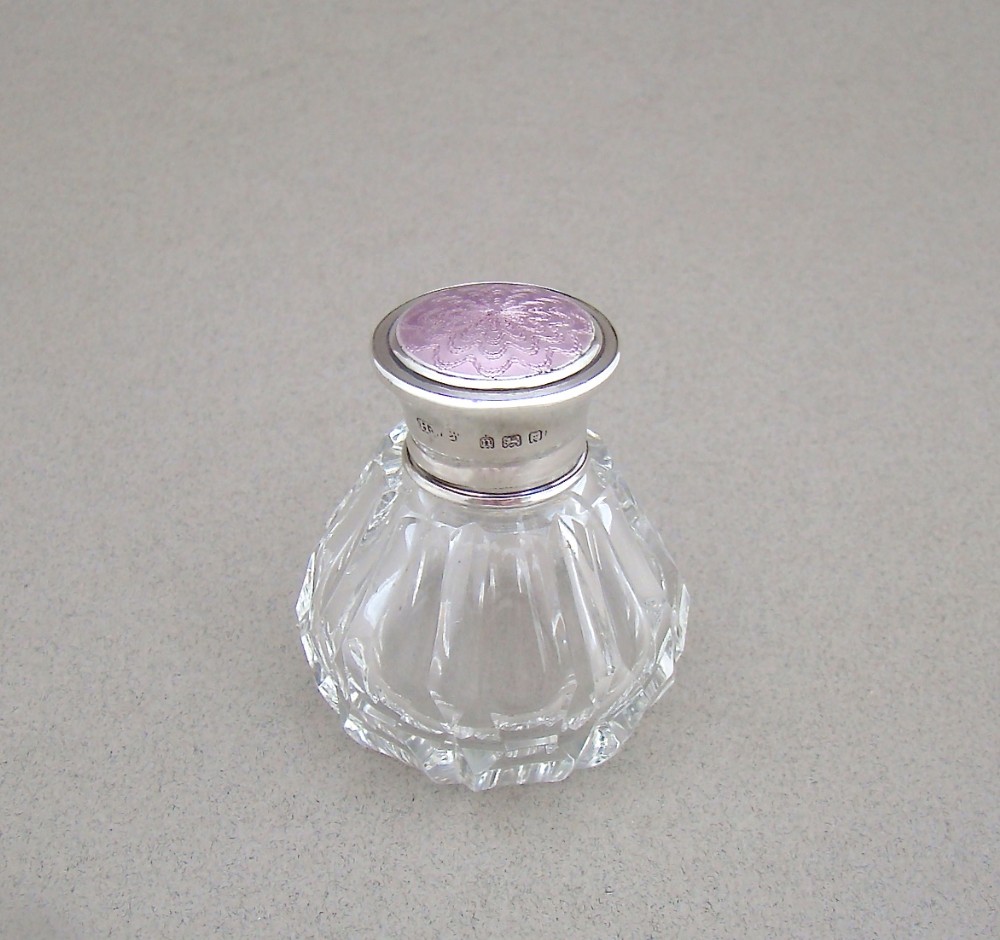 ART DECO SILVER & GUILLOCHE ENAMEL SCENT BOTTLE BY HENRY WILLIAMSON, LONDON 1918
