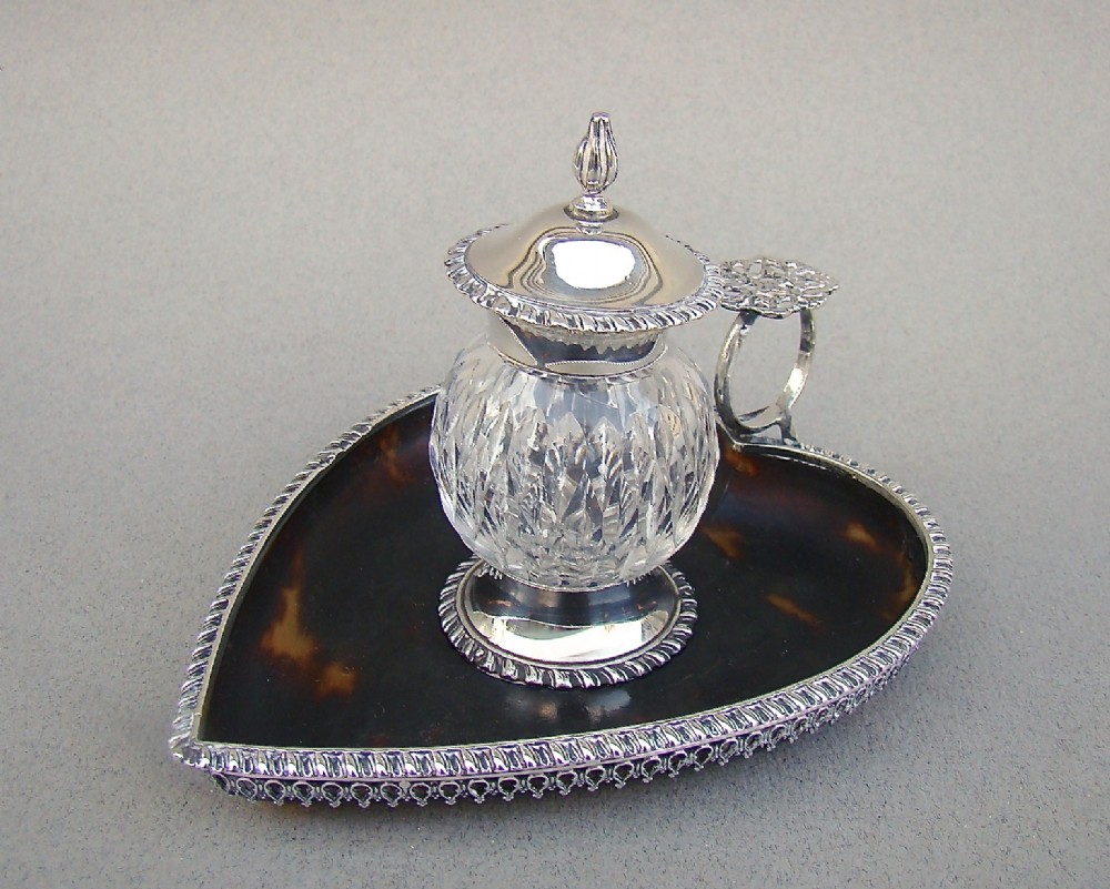 VICTORIAN SILVER & TORTOISESHELL HEART SHAPED INKSTAND BY WILLIAM COMYNS, LONDON 1892