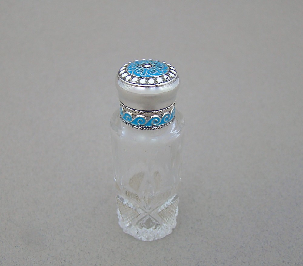 SILVER & CLOISONNÉ ENAMEL CUT GLASS SCENT BOTTLE BY D. ANDERSEN, NORWAY, CIRCA 1900