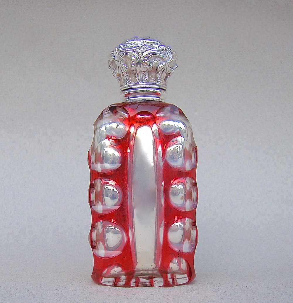 RARE VICTORIAN BOHEMIAN CRANBERRY GLASS & MERCURY GLASS SCENT BOTTLE, CIRCA 1870