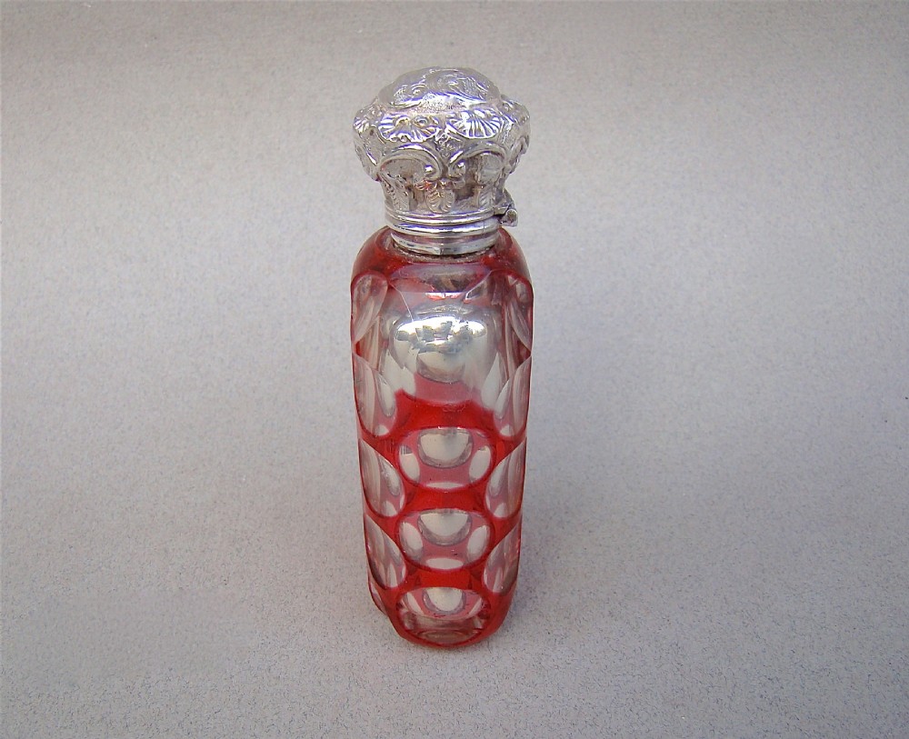 RARE VICTORIAN BOHEMIAN CRANBERRY GLASS & MERCURY GLASS SCENT BOTTLE, CIRCA 1870 View VI