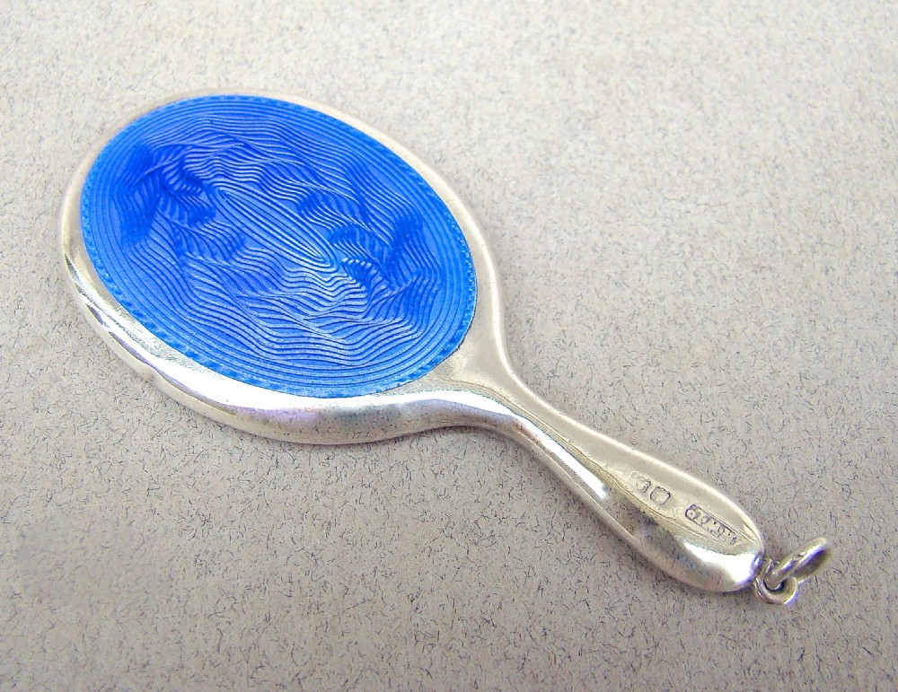 ART DECO SILVER & GUILLOCHE ENAMEL MINIATURE PURSE MIRROR BY HENRY WILLIAMSON, BIRMINGHAM CIRCA 1930
