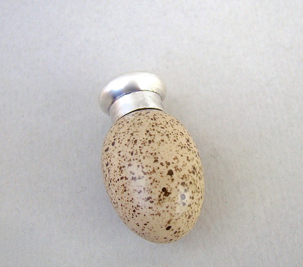 MINIATURE SILVER & PORCELAIN SPECKLED EGG SCENT BOTTLE , CIRCA 1880