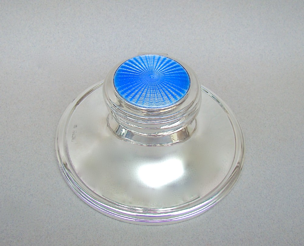 ART DECO SILVER & GUILLOCHE ENAMEL CAPSTAN INKWELL BY WILLIAM HUTTON & SONS, BIRMINGHAM 1930
