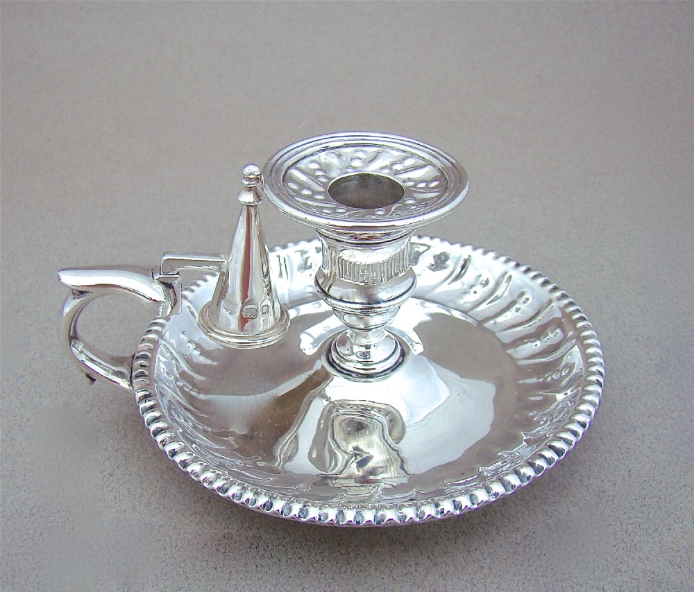 ARTS & CRAFT SILVER CHAMBER STICK BY JONES & SONS, LONDON 1935