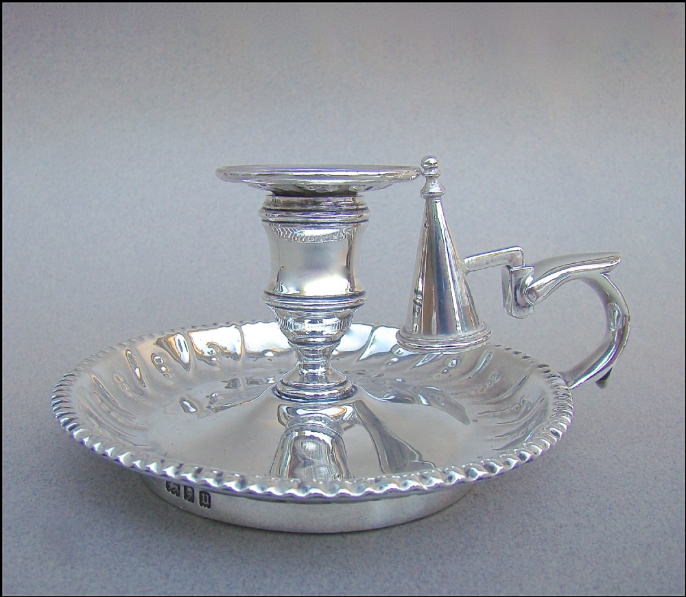 ARTS & CRAFT SILVER CHAMBER STICK BY JONES & SONS, LONDON 1935 View II
