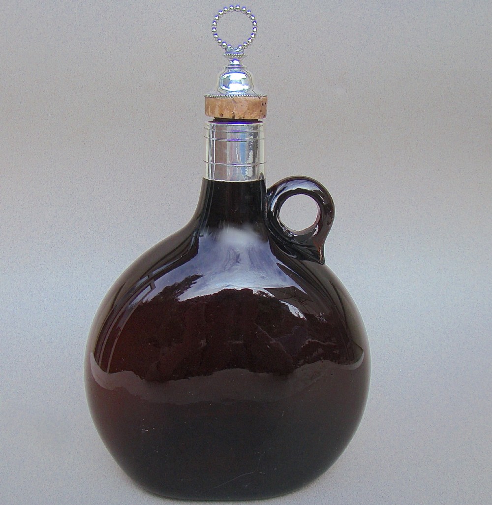 MID 19TH CENTURY OLD SHEFFIELD PLATE & AMBER  GLASS FLAGON, CIRCA 1860