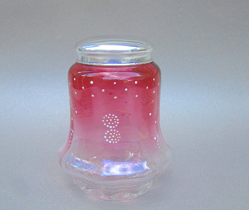 EDWARDIAN SILVER LIDDED  ENAMELLED CRANBERRY GLASS DRESSING TABLE JAR, CHESTER 1909