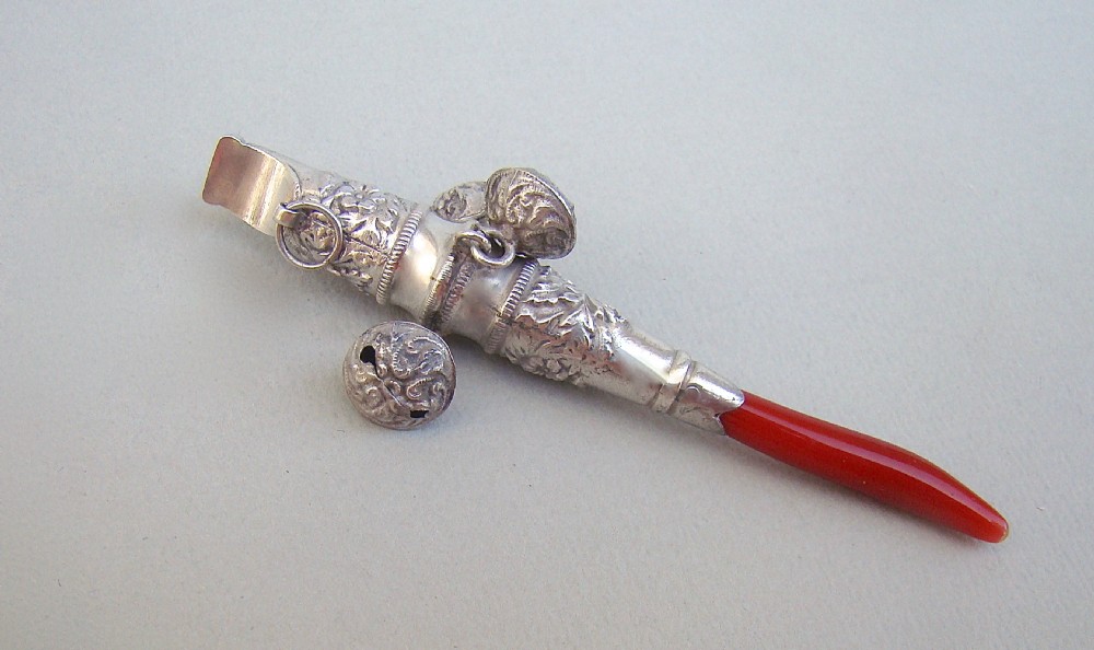 VICTORIAN SILVER & CORAL RATTLE, CIRCA 1880