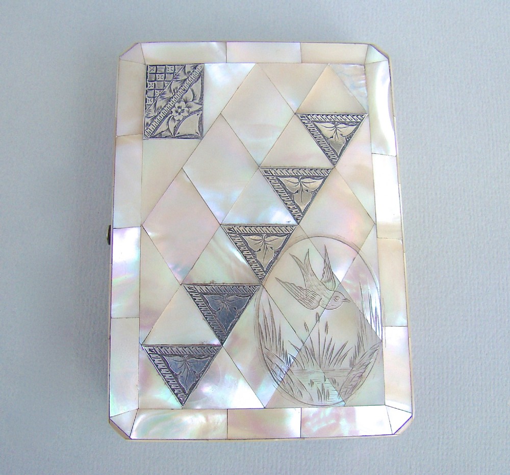 VICTORIAN SILVER & MOTHER OF PEARL AESTHETIC MOVEMENT CALLING CARD CASE , CIRCA 1870