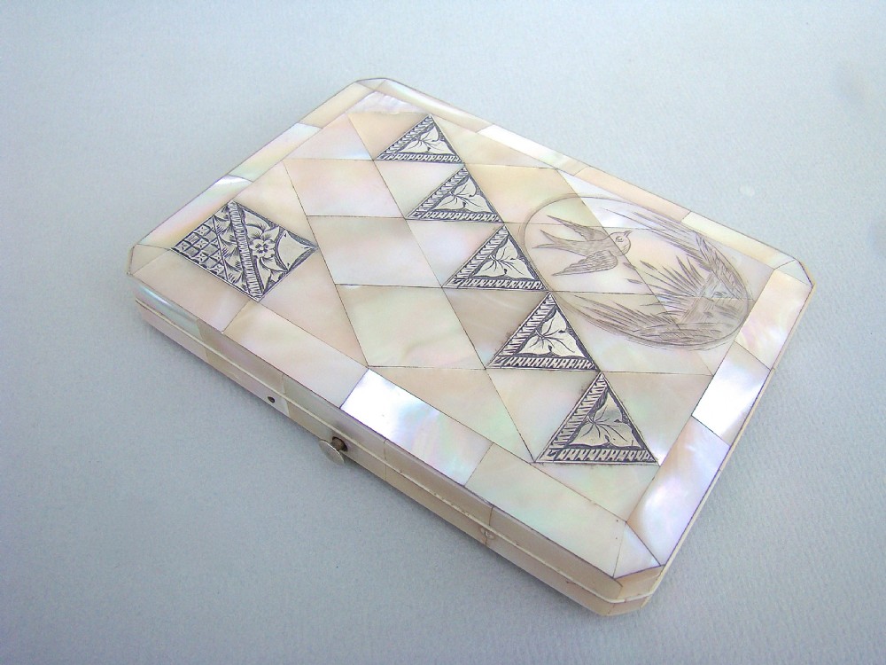 VICTORIAN SILVER & MOTHER OF PEARL AESTHETIC MOVEMENT CALLING CARD CASE , CIRCA 1870 View II