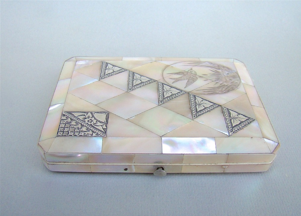 VICTORIAN SILVER & MOTHER OF PEARL AESTHETIC MOVEMENT CALLING CARD CASE , CIRCA 1870 View III