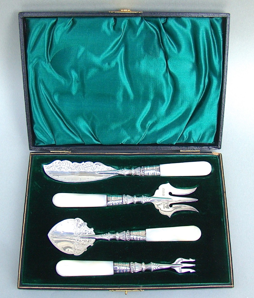 VICTORIAN CASED SILVER AFTERNOON TEA SERVING SET BY A. J. BAILEY, BIRMINGHAM 1896