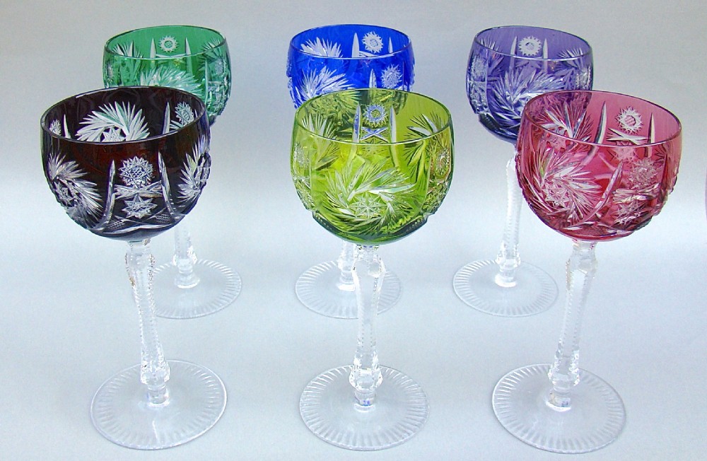HARLEQUIN SET OF SIX LARGE BOHEMIAN CRYSTAL HOCK GLASSES, CIRCA 1890
