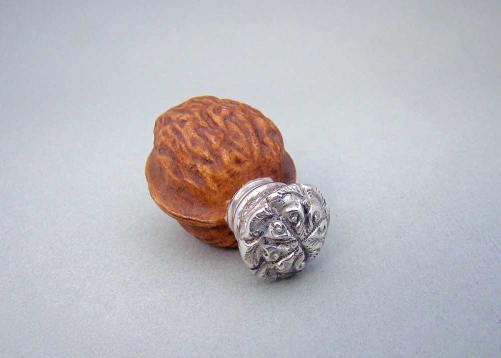 VICTORIAN SILVER & PORCELAIN 'WALNUT' SCENT BOTTLE, CIRCA 1880