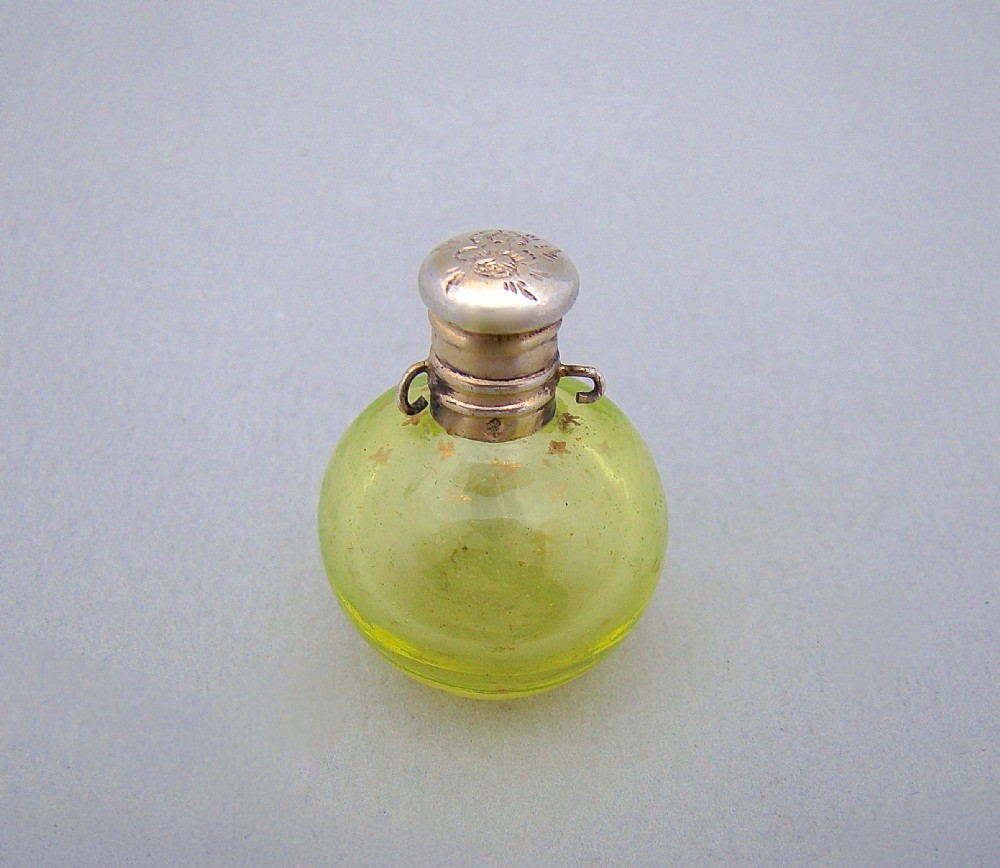 MINIATURE 19TH C. FRENCH SILVER GILT & URANIUM GLASS CHATELAINE SCENT BOTTLE, CIRCA 1870
