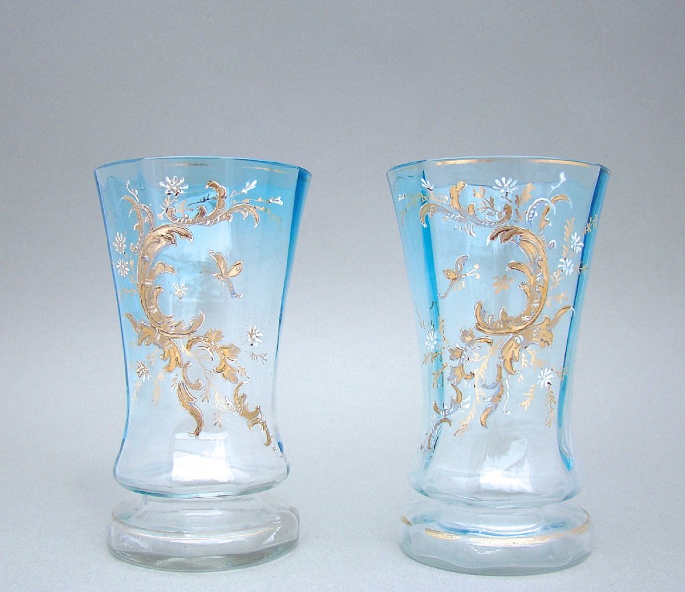PAIR OF VICTORIAN ENAMELLED PALE TURQUOISE GLASS VASES, CIRCA 1890
