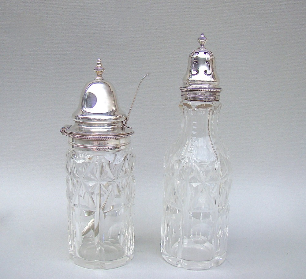 PAIR OF VICTORIAN SILVER MOUNTED DRY MUSTARD AND PEPPER JARS BY BARNARD & SONS, LONDON 1870