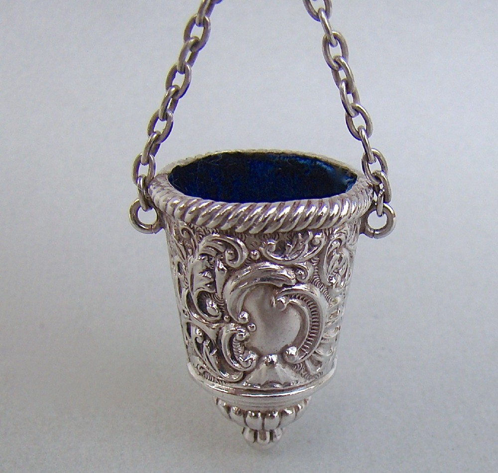 RARE VICTORIAN SILVER THIMBLE BUCKET BY LIONEL SPIERS, BIRMINGHAM 1888