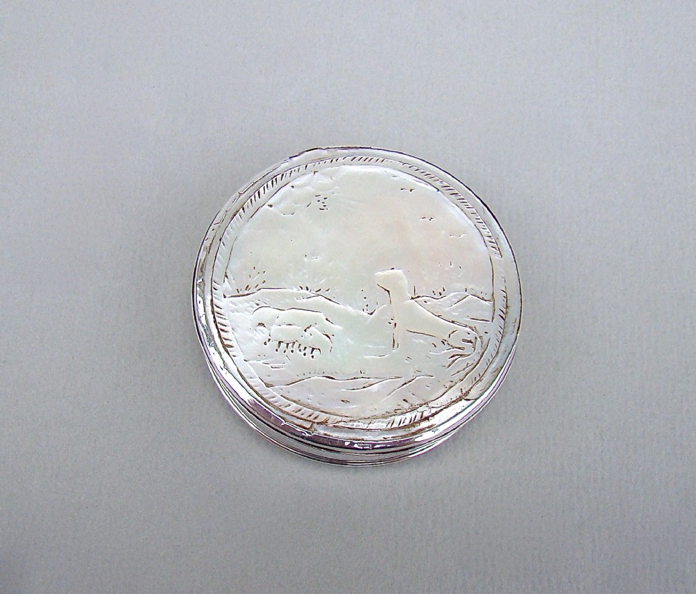RARE GEORGIAN SILVER & CARVED MOTHER OF PEARL PICTORIAL SNUFF BOX, CIRCA 1750
