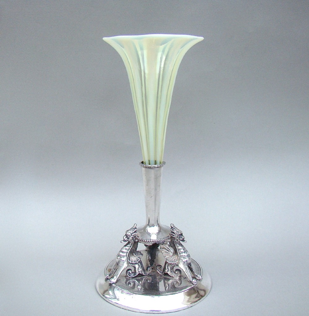 VICTORIAN SILVER PLATED & VASELINE GLASS CENTREPIECE BY DEYKIN & SONS, BIRMINGHAM CIRCA 1870