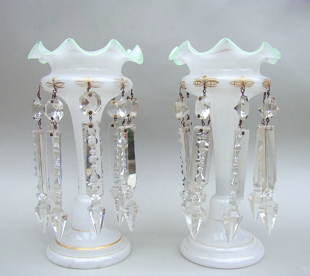 CHARMING PAIR OF VICTORIAN SMALL OPALINE GLASS LUSTRES, CIRCA 1890
