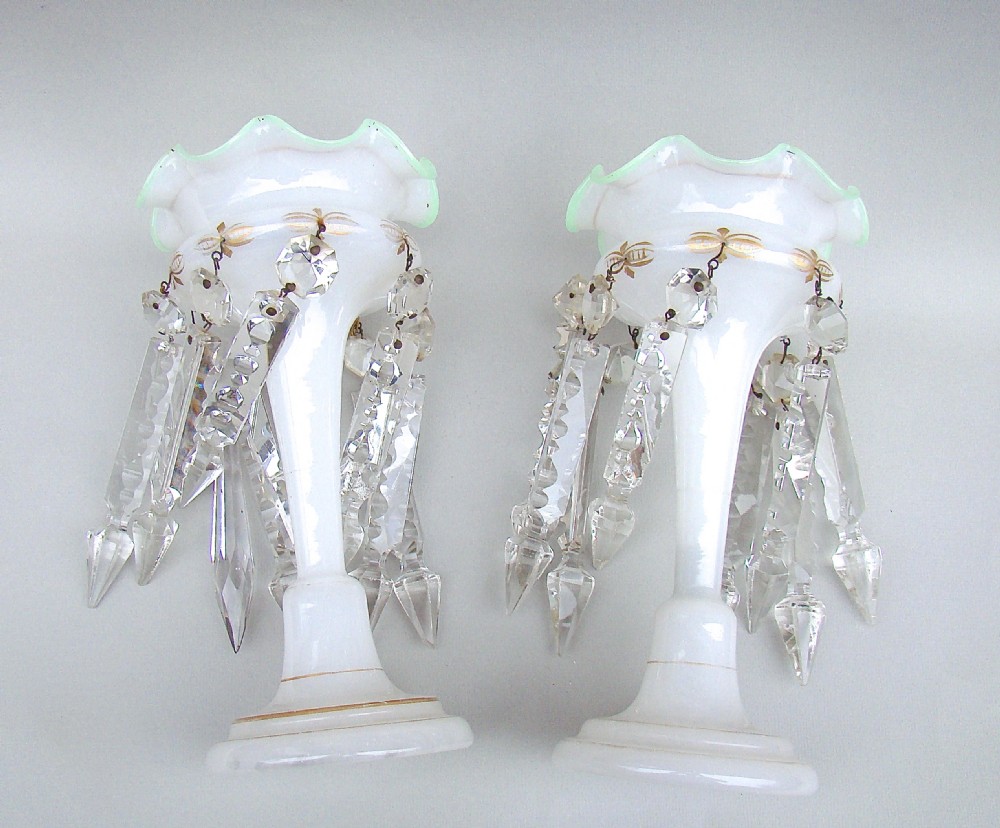CHARMING PAIR OF VICTORIAN SMALL OPALINE GLASS LUSTRES, CIRCA 1890 View V