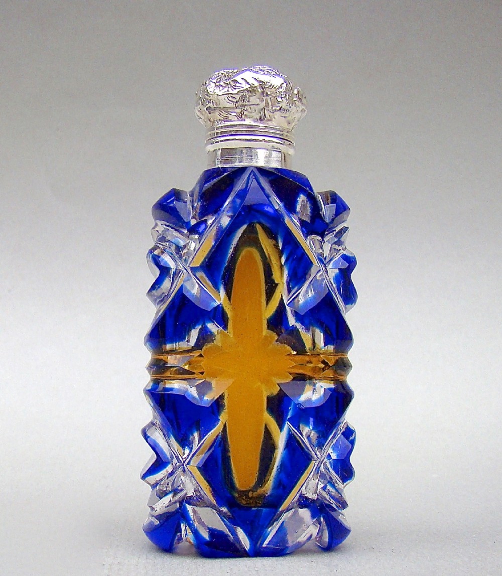 RARE VICTORIAN SILVER  BLUE & AMBER BOHEMIAN GLASS SCENT BOTTLE , CIRCA 1890