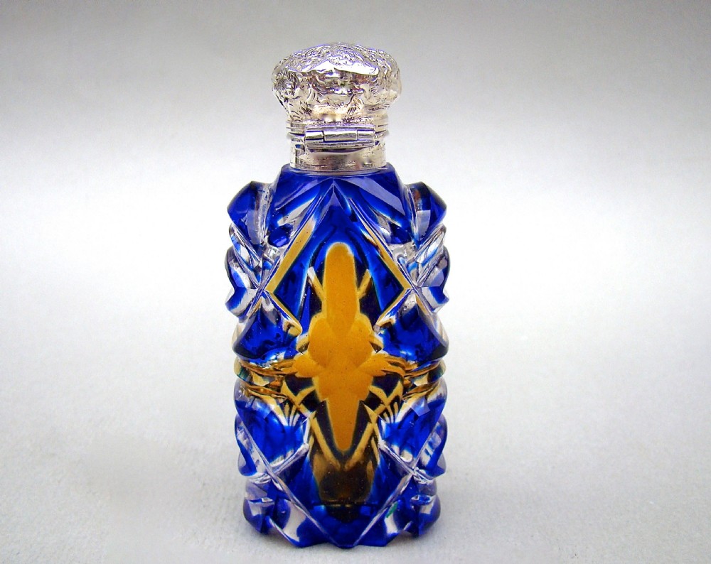 RARE VICTORIAN SILVER  BLUE & AMBER BOHEMIAN GLASS SCENT BOTTLE , CIRCA 1890 View IV