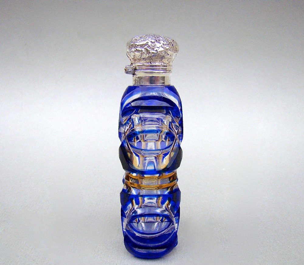 RARE VICTORIAN SILVER  BLUE & AMBER BOHEMIAN GLASS SCENT BOTTLE , CIRCA 1890 View V