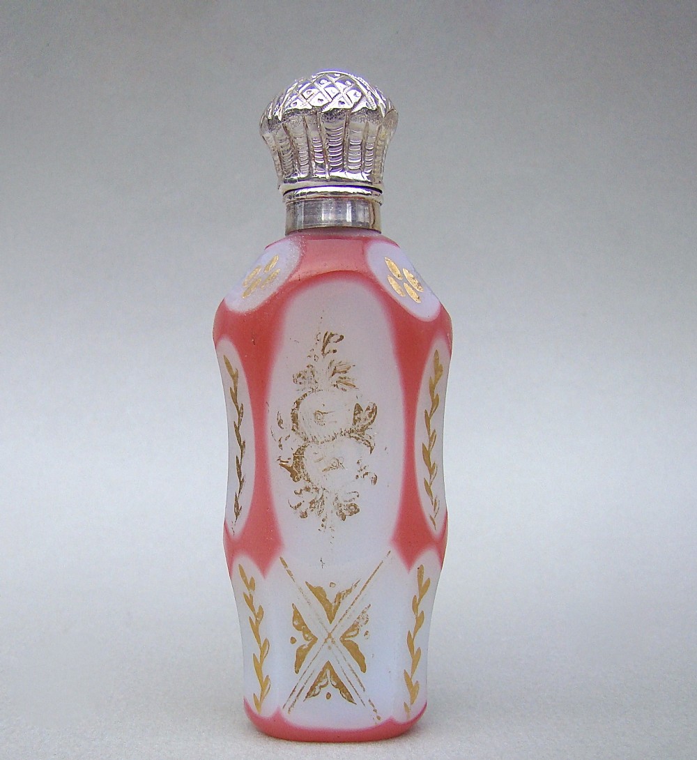 EXQUISITE 19TH C. FRENCH SILVER &  OVERLAY GLASS SCENT BOTTLE, CIRCA 1870