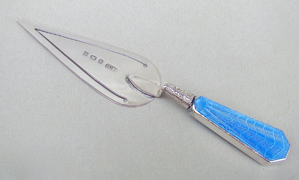 RARE EDWARDIAN SILVER & ENAMEL TROWEL SHAPED BOOKMARK BY ADIE & LOVEKIN, BIRMINGHAM 1907