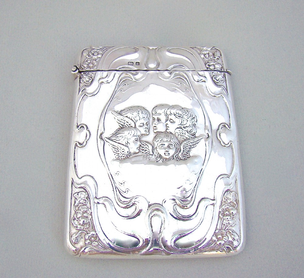 ART NOUVEAU 'REYNOLDS ANGELS' SILVER CARD CASE BY HENRY MATTHEWS, BIRMINGHAM 1903