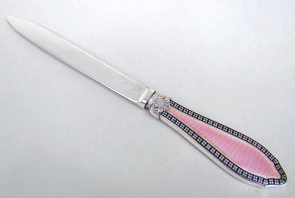 FABULOUS ART DECO SILVER AND DUAL COLOUR GUILLOCHE ENAMEL LETTER OPENER BY MAPPIN & WEBB, SHEFFIELD 1921
